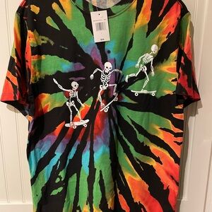 Mighty Fine Black Multi Tie-Dye Skate Skeleton Tee Large NWT
